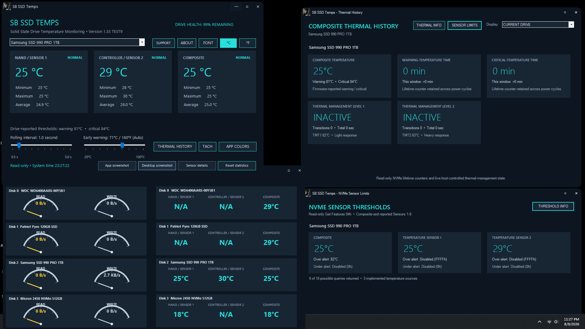 SB SSD TEMPS portable Windows SSD and NVMe temperature monitoring software showing multi-drive activity, thermal history and NVMe sensor limits
